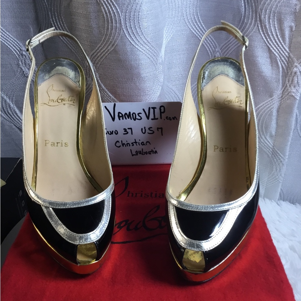 Christian Louboutin Black Patent & Gold Slingback Peep-Toe Pumps